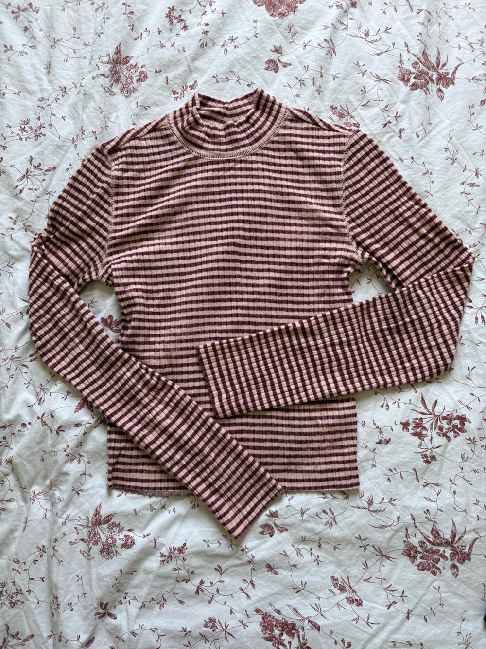 Free People Intimately ribbed striped pink cropped mock neck long sleeve Sz XS